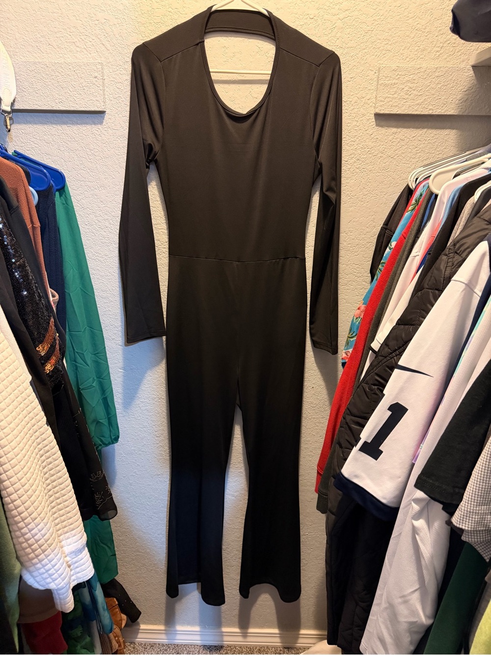 Black Backless Flare Long-Sleeve Jumpsuit